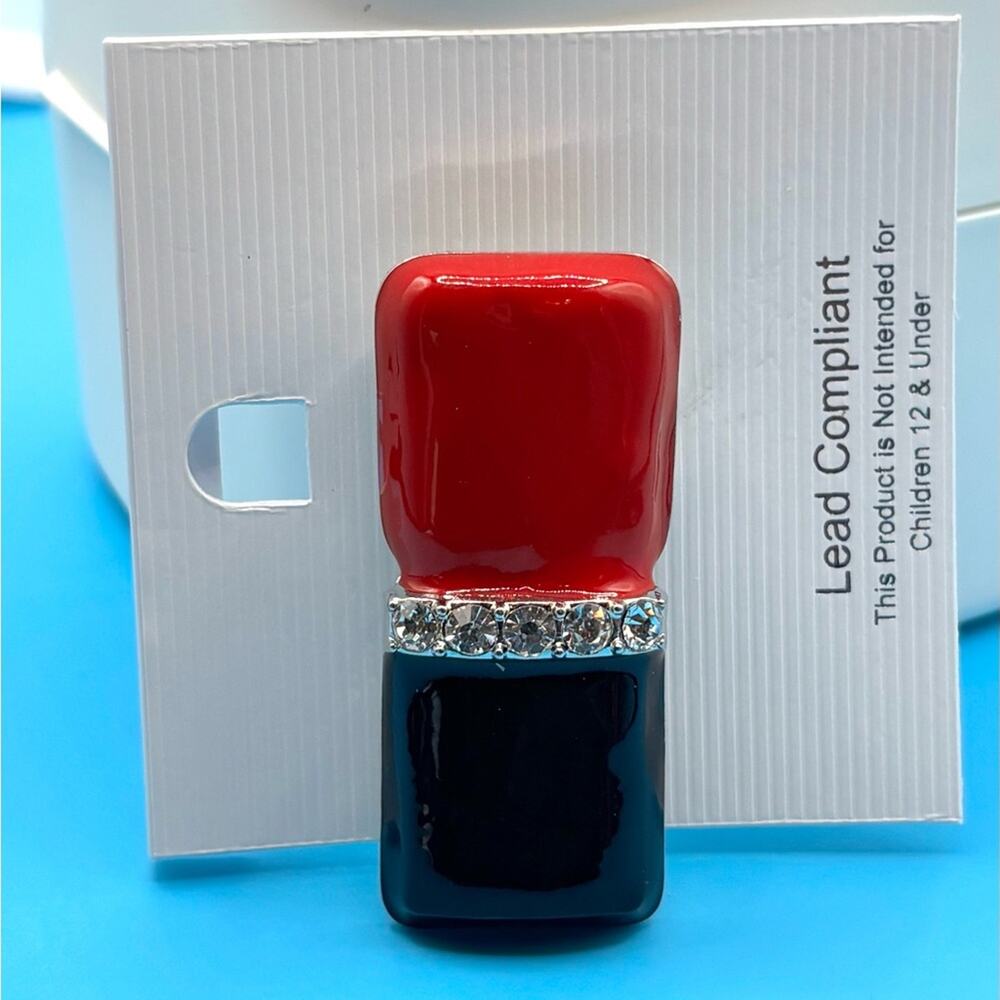 Red and Black Lipstick Enamel‎ Brooch Pin with Rhinestones Makeup Jewelry